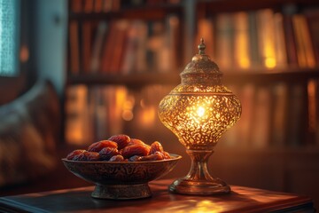Dates and lantern in a library setting at night