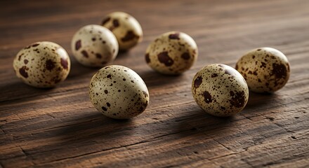 Obraz premium Close-up Photo: Speckled Quail Eggs on Rustic Wooden Surface AI Generated