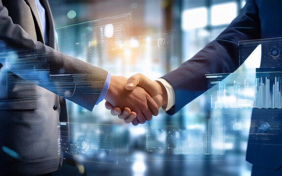 Dos profesionales de negocios d&aacute;ndose la mano en una oficina moderna, simbolizando el cierre de un acuerdo exitoso. La escena transmite confianza, profesionalidad y cooperaci&oacute;n. Estilo fotorealista