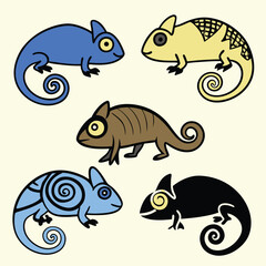 Colorful Chameleon Vector Set | Stylized Reptile Clipart Collection | Jungle Lizards on Branches and Isolated Silhouettes for Wildlife & Nature Design.