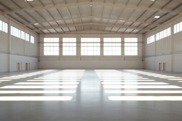 Fototapeta premium Spacious, modern warehouse interior. Sunlight streams through large windows, illuminating a wide open area