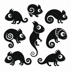 Colorful Chameleon Vector Set | Stylized Reptile Clipart Collection | Jungle Lizards on Branches and Isolated Silhouettes for Wildlife & Nature Design.