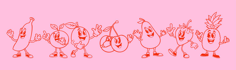 Vector collection of fruits. Groovy retro cartoon style. Red banana, peach, lemon, cherries, pear, strawberry and pineapple on pink background