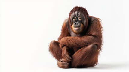 Orangutan seated against white background. Potential use Educational stock photo