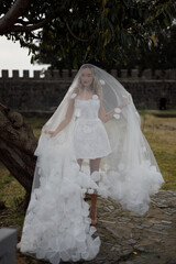 An Elegant Bride with a Unique Veil Gracing an Outdoor Setting on Her Special Day