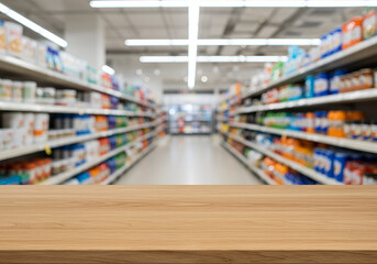A Pharmacy wood table counter with medicines healthcare product, vibrant grocery store aisle with neatly arranged shelves full of products, viewed from the perspective of a smooth wooden counter, capt