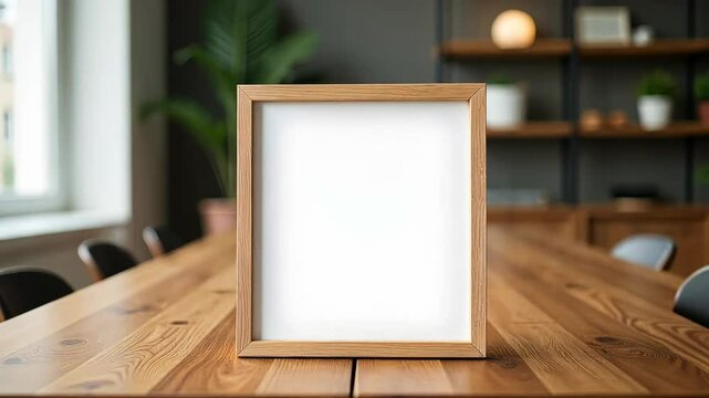 Blank wooden picture frame on wooden table in a cozy modern kitchen with shelves and warm lighting, concept of home decor or message display