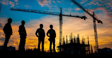 Silhouetted construction workers stand near cranes at sunset on a construction site.