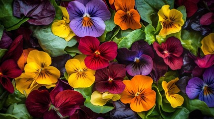 Vibrant pansy blossoms in a colorful garden display