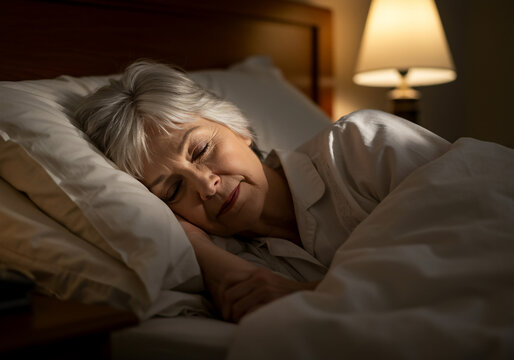 Serene Senior Woman Sleeping Peacefully in Bed with Lamp Glow, Nighttime Comfort, Restful Sleep Concept. - Powered by Adobe