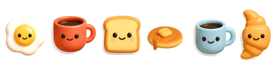 Delicious Delight: A whimsical assortment of breakfast delights comes to life, each with an animated smile and delightful charm. This image perfectly captures the essence of a happy morning.
