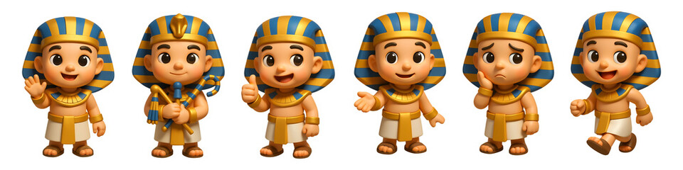 Pharaoh Character Illustrations: A charming cartoon character dressed as an Egyptian Pharaoh expressing a range of emotions and poses in a set of vibrant illustrations.