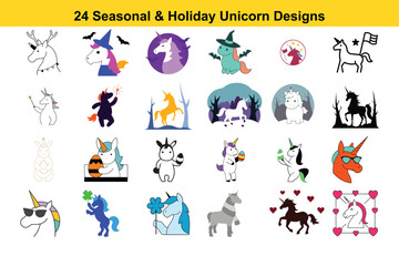 24 Seasonal and Holiday Unicorn Designs Cute Illustrations for Crafts, Cards, and More