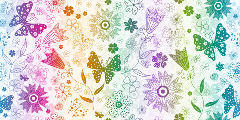 Vector illustration of colorful gradient seamless floral pattern. Floral organic background with dotted flowers and butterflies on white. For textile, wallpaper and packaging