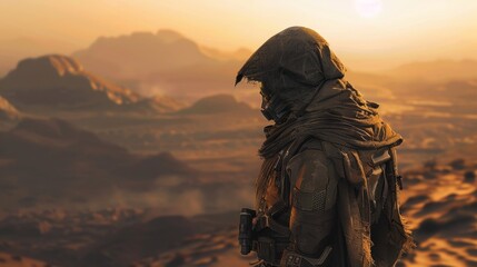 Fototapeta premium Survivor exploring the desolate wasteland under the harsh sun in a post-apocalyptic landscape