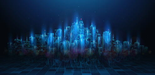 Lowpoly 3D Night City Skyline With Mirror Floor. Abstract geometric illustration of a cyber city with a cityscape of office buildings in virtual cyberspace in wireframe mesh style on a blue background