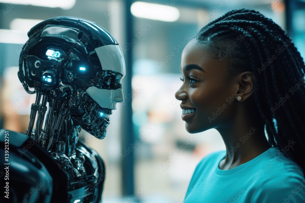 Poster portrait of a smiling black woman and a robot looking at each other in a futuristic office, a busine