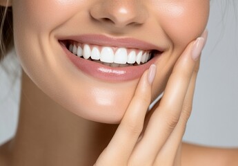 Obraz premium Woman's smile with perfect white teeth and hand near face against neutral background