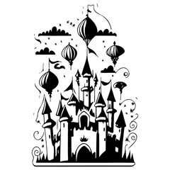 Fantasy kingdom illustration with towers, lanterns, and whimsical atmosphere design
