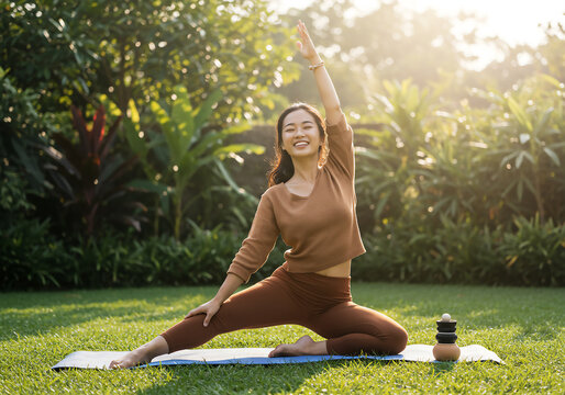Happy Asian Woman Practicing Yoga Outdoors on a Mat, Smiling, Healthy Lifestyle. - Powered by Adobe