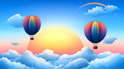 Naklejka premium Hot air balloons sunrise cloudscape, travel poster