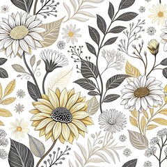 Elegant Gold and Gray Floral Seamless Pattern Botanical Design White Background art soft retro print