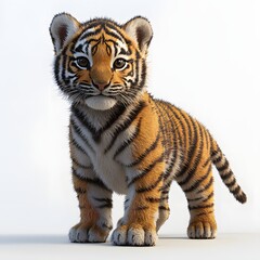 Obraz premium Adorable full-body 3D illustration of a fluffy white tiger cub showcasing its stunning fur detail and charming expression against a plain backdrop