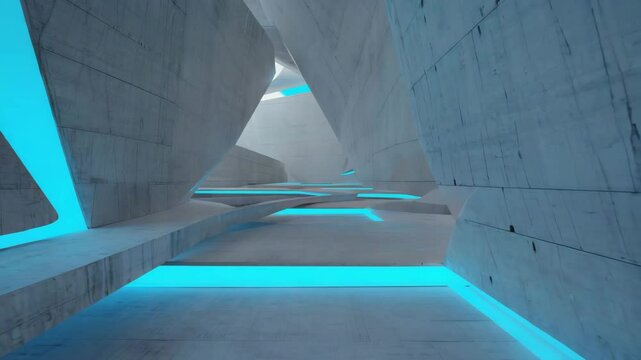 Avant-garde showroom featuring a central, glowing blue triangle pedestal displaying futuristic products, surrounded by abstract, white architectural forms. 
