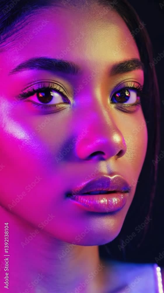 Poster moody close-up of a woman's face partially lit by neon blue and red lights, with shadows adding dept