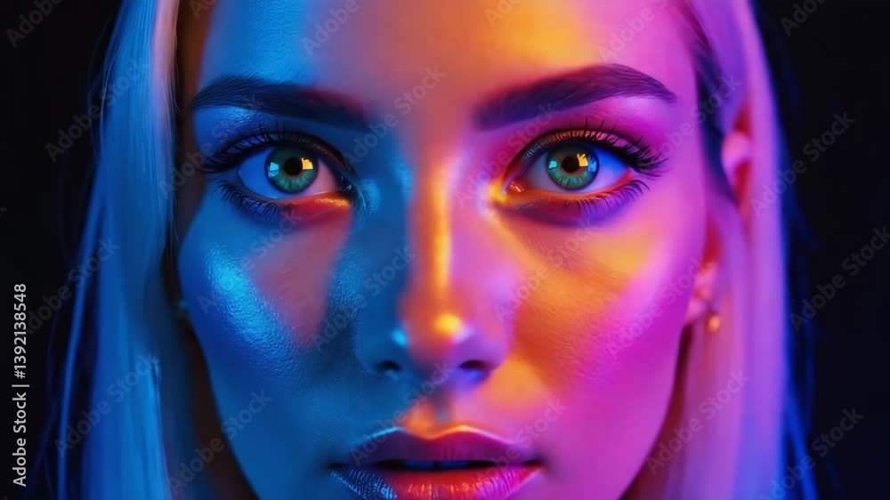 Poster moody close-up of a woman's face partially lit by neon blue and red lights, with shadows adding dept