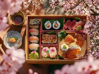 Fototapeta premium Japanese bento box picnic with seasonal delicacies and cherry blossom details