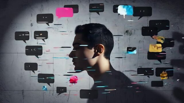 Cinematic sequence featuring a static bust surrounded by slowly drifting speech bubbles, 