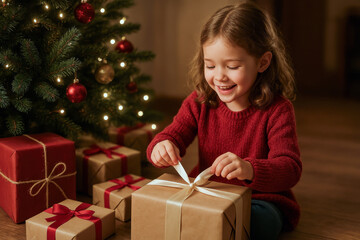 Smiling little girl opening Christmas gift box