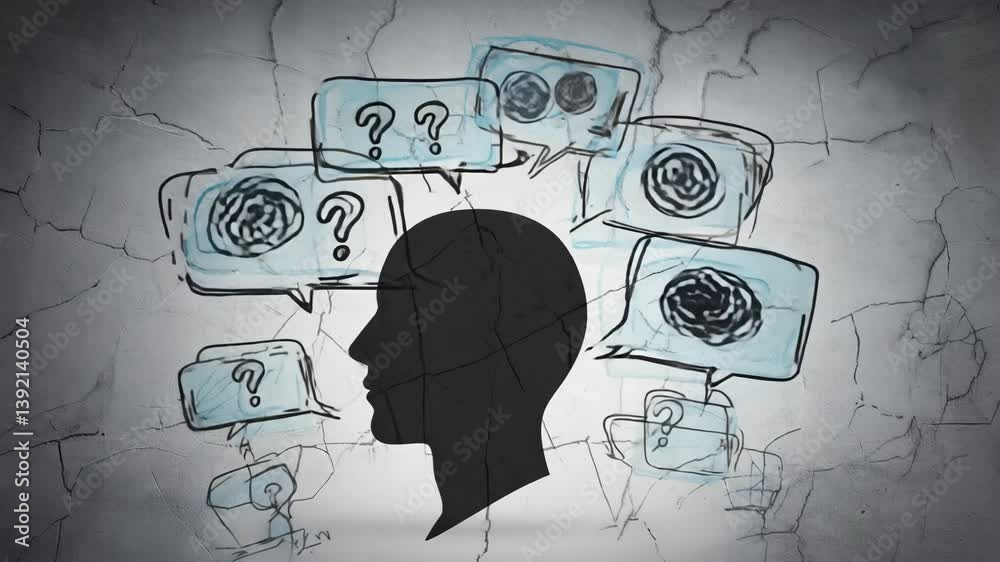 Poster Cinematic sequence featuring a static bust surrounded by slowly drifting speech bubbles, 