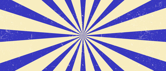 Vintage circus-style radial sunburst background with alternating beige and blue rays. The grunge texture and faded look create a nostalgic and energetic vibe, perfect for posters, flyers, or retro-the