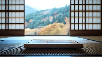 Elegant Go board set on a tatami mat with traditional Japanese shoji screens