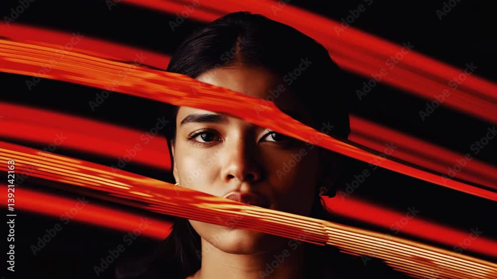 Poster Surreal video portrait with red and black abstract stripes moving rhythmically across a person’s face and body, blending into the background with glitchy transitions.

