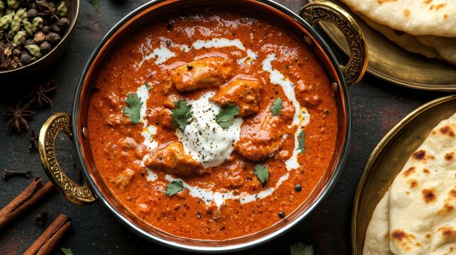 Velvety butter chicken in copper handi with buttery naan and spices