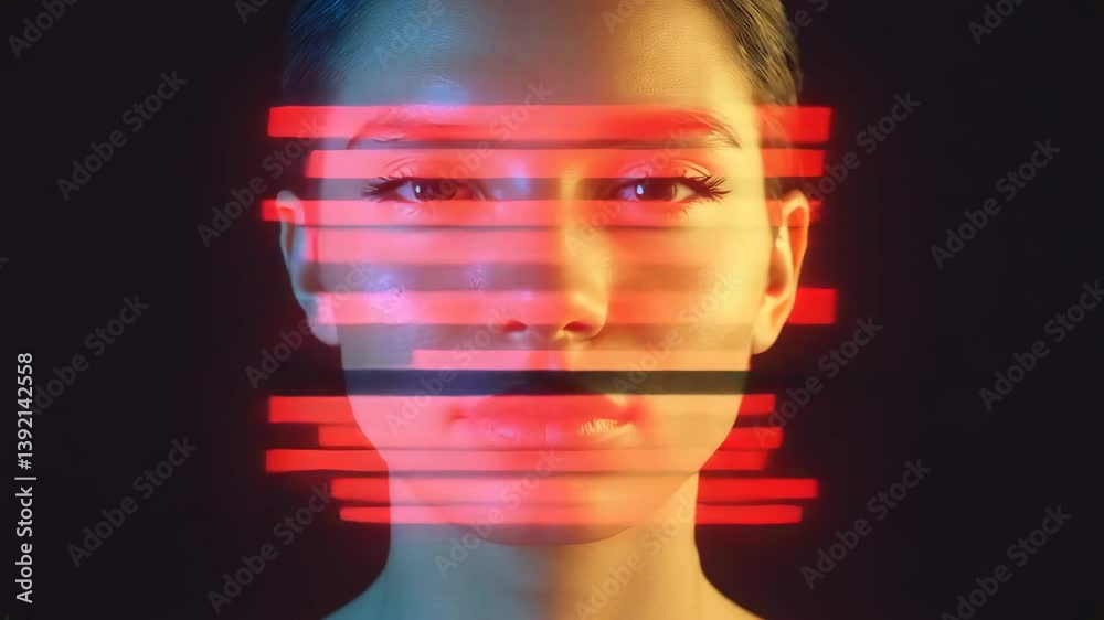 Aufkleber surreal video portrait with red and black abstract stripes moving rhythmically across a person’s fac