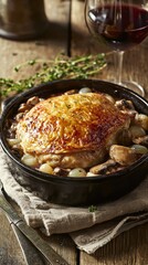 Rustic coq au vin in castiron cocotte on weathered table