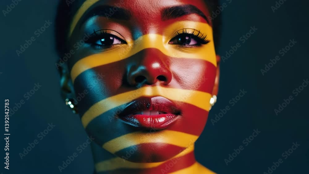 Aufkleber surreal video portrait with red and black abstract stripes moving rhythmically across a person’s fac