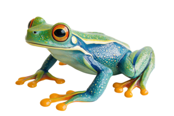 Vibrant Red Eyed Tree Frog dazzling emerald green turquoise and orange hues against a pure white isolated on transparent background