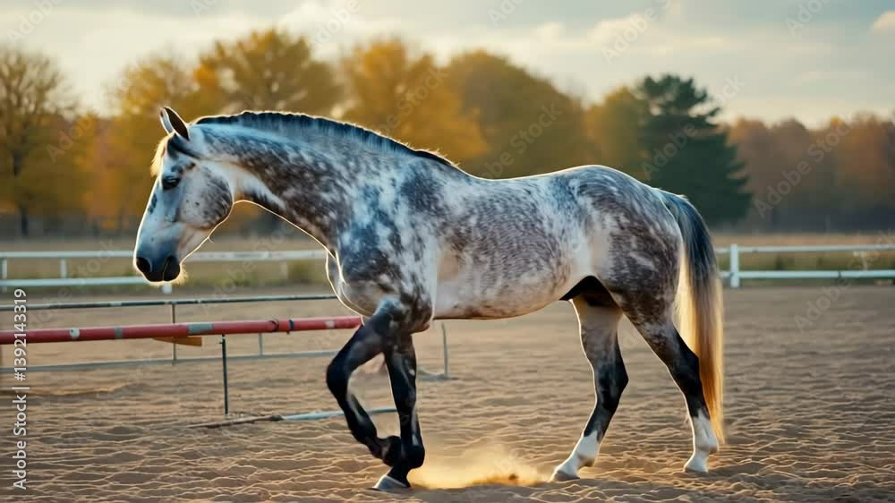Poster smooth pan of a horse fully equipped for riding, standing still in an outdoor arena as wind gently m