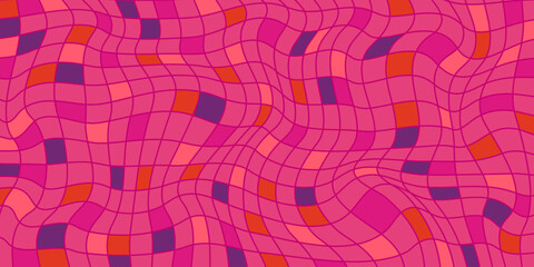 Wavy Pink Checkered Pattern on Vibrant Background. Flowing retro grid with pink, orange, and purple tiles, dynamic and playful design. Perfect for retro posters, banners, web, branding