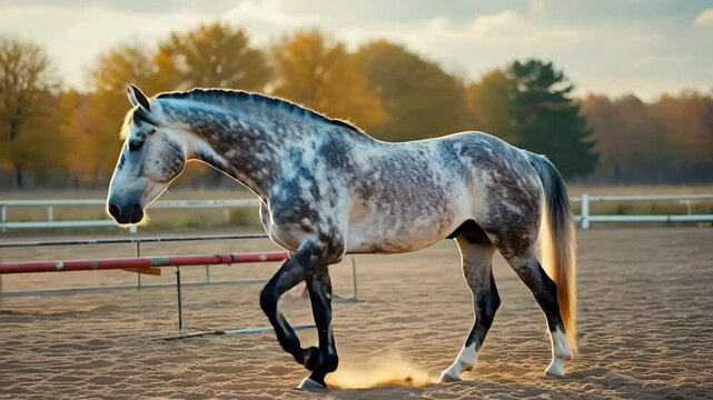 Smooth pan of a horse fully equipped for riding, standing still in an outdoor arena as wind gently moves its mane and tail, with background elements softly shifting in focus.

