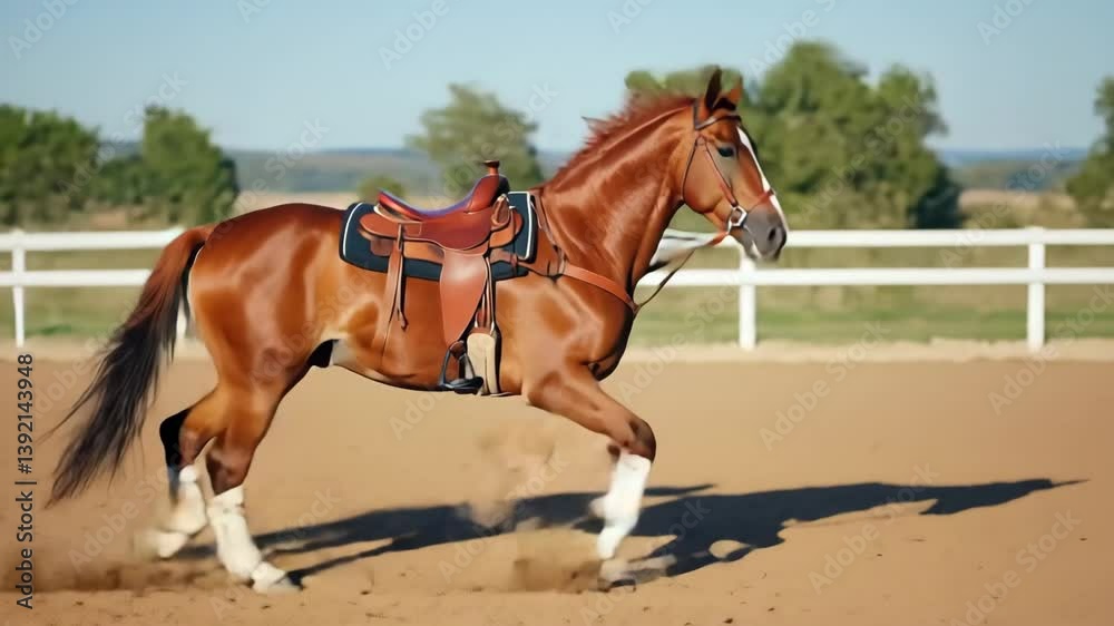 Poster smooth pan of a horse fully equipped for riding, standing still in an outdoor arena as wind gently m