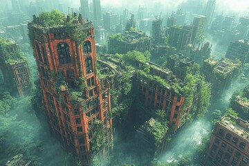 Overhead View of a Crumbling Futuristic Tech City Reclaimed by Nature