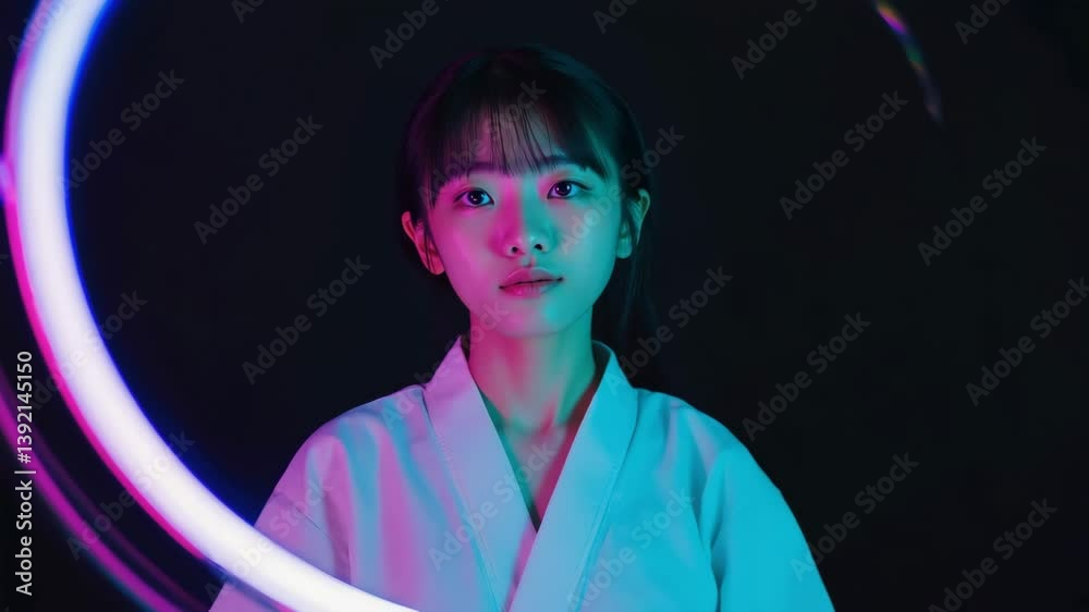 Poster surreal video portrait of a young person slowly turning in place as neon lights flicker and swirl ar