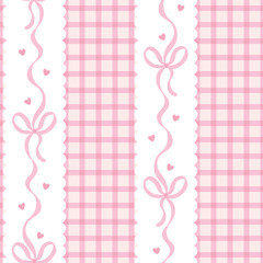 Naklejka premium Seamless kawaii spring pattern with pastel bows and gingham background. Cute girly design perfect for fabrics, wallpapers, and stationery.
