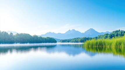 Fototapeta premium A serene lake with clear blue water reflecting lush green trees and distant mountains, tranquil nature scene with bright blue sky, and peaceful landscape.